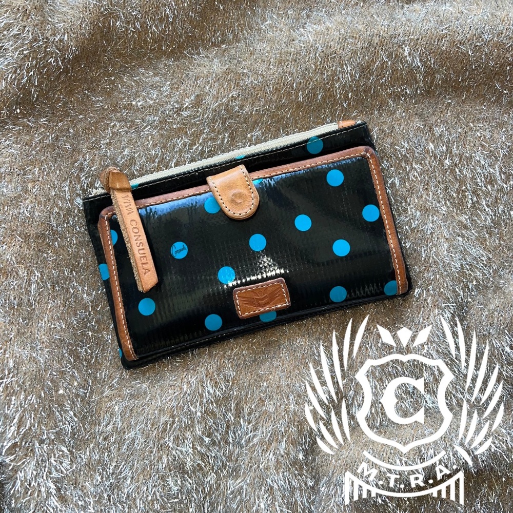 EUC Consuela Slim Wallet, Black Teal Polka Dots